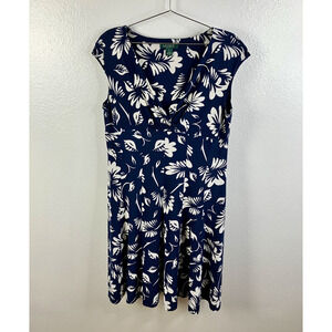 Lauren Ralph Lauren Floral Faux Wrap Dress Sz 16 Navy Blue Stretch Tropical Boho